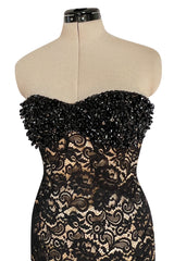 Gorgeous 1990s Isaac Mizrahi Couture Strapless Nude & Black Lace Dress w Beaded Bodice