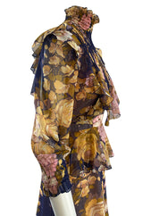 1970s Gina Fratini Pastel Floral Print Smocked Front Cotton Voile Ruffled Dress
