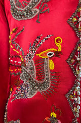 Fabulous 1960s Extensively Beaded & Sequin Front Zip Red Silk Satin Asian Jacket