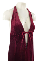 1970s Deep Front Plunge & Racer Back Halter Dress in a Jewel Toned Burgundy Silk Velvet