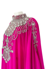 1980s Elaborate Crystal Covered Vibrant Pink Chiffon Caftan Dress