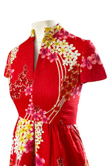 1970s Malcolm Starr Cherry Red Floral Print Dress w Rhinestone Detailing