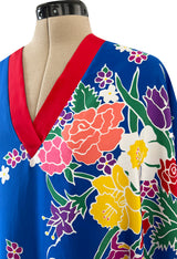 Spring 1982 Oscar de la Renta Blue Floral Silk Caftan Dress w Red Edging Detail