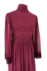 Incredible 1969-1972 Christian Dior by Marc Bohan Demi-Couture Numbered Silk Chiffon Burgundy Dress