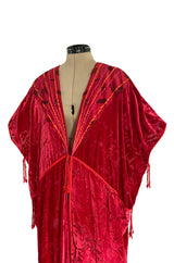 Rare 1977 Thea Porter Couture Documented Cherry Red Fused Velvet Open Front Abaya Caftan