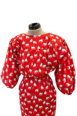 Iconic Spring 1987 Yves Saint Laurent Runway French Bulldog Printed Red Dress