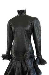 1980s Salvadori Albani Couture Black Textured Silk Lame & Plisse Finish Drop Waist Dress