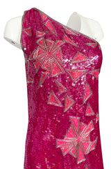 1970s Lillie Rubin Pink Densely Sequin & Bead Graphic Pattern One Shoulder Dress