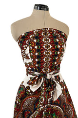 Fantastic 1970s Strapless Extended Multi Tie Bohemian Cotton Batik Print Dress