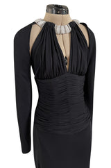 Fabulous 1980s Vicky Tiel Cut Outs Black Jersey Dress w Jewelled Pearl & Rhinestone Collar