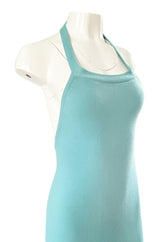 Important 1974 Halston Turquoise Cashmere Extremely Low Back Halter Dress