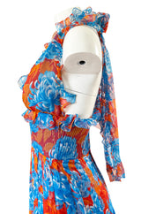 Spectacular c.1978 Valentino Blue & Coral Floral Silk Halter Backless Dress