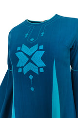 1960s Josefa Hand Embroidered Ocean Blue & Turquoise Bell Sleeve Caftan