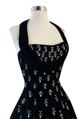 Incredible 1950s Ceil Chapman Jewelled Rhinestone Tear Drop Black Velvet Shelf Bust Dress