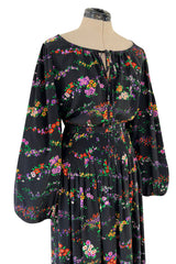 Gorgeous 1970s Yves Saint Laurent Floral Print Silk Skirt & Balloon Sleeve Top Set