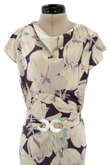 Rare Dated 1934 Bias Cut Soft Purple and Ivory Floral Print Silk Dress & Jacket w MOP Belt