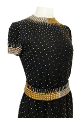 1971-73 Donald Brooks Brass and Silver Stud & Bead Black Crepe Dress