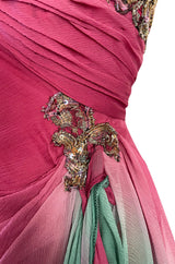 1980s Vicky Tiel Couture Pink & Greem Silk Chiffon Dress w Bead & Sequin Bodice