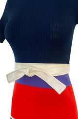 c.1972 Lanvin Bright Navy, Cornflower, Yellow, Red & White Stripe Knit Dress W Belt