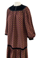 Fall 1977 Yves Saint Laurent Pretty Floral Printed Silk Smock Dress w Velvet Detailing