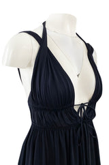 1970s Frank Usher Black Jersey Maxi Dress w Deep Front Plunge & No Back