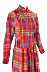 Rare 1970s Kenzo Woven and Floral Embroidered Jacket & Skirt Suit Set