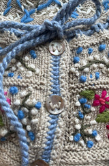 Wonderful 1980s Wolkenstricker Natural Linen Flax Colour Hand Knit Cardigan Sweater w Floral Details