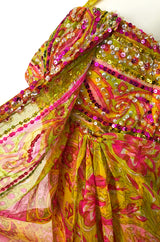 1960s Unlabeled Pink & Gold Sequin Detail Sari Inspired Silk Print Dress