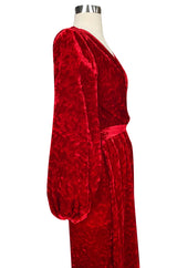 1985 Yves Saint Laurent Red Crushed Velvet Wrap Plunge Dress