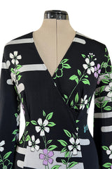 Prettiest 1970s Hanae Mori Printed Black & Green Floral Easy to Wear Jersey Dress