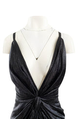 c.1984 John Anthony Black Metallic Lame Jersey Dress w Very Deep Front Plunge & No Back