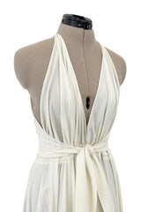 Faboulous 1970s Halston Ivory Jersey Dress W Plunged Front Full Skirt & Tie Waist