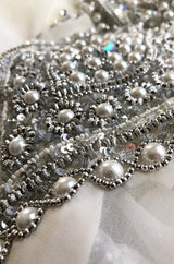1970s Elaborate Silver, Pearl & Bead Covered Jeweled White Chiffon Caftan Dress