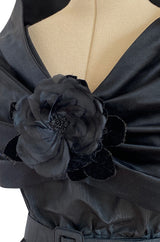 Exceptional Late 1970s Ady Couture Lausanne Black Silk Dress w Dramatic Wide Collar Shoulder Wrap