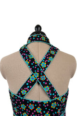 Prettiest Early 1970s Oscar de la Renta Floral Printed Halter Dress w Crossed Strap Open Back