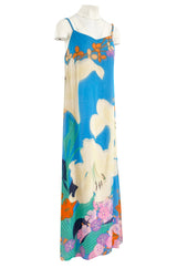 Extraordinary 1970s Hanae Mori Couture Pastel Turquoise Floral Print Silk Chiffon Dress & Jacket