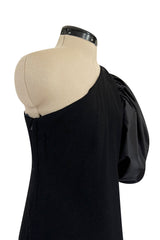 Fabulous 1980s Bill Blass One Shoulder Black Crepe & Taffeta Puff Sleeve Dress