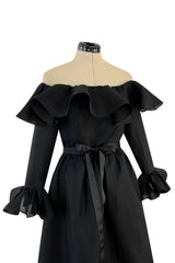 Gorgeous 1972 Nina Ricci Black Silk Gazaar Off Shoulder Dress W Ruffled Finishes