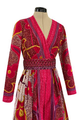 1960s Malcolm Starr Bright Cherry Pink Floral Batik Print Dress w Hand Beaded Belt
