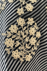 Wonderful Little Upcycled Black & White Striped Silk Chiffon Top W Hand Applied Twenties Details