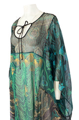 1980s Zandra Rhodes Hand Painted Shell & Floral Green Silk Caftan Dress
