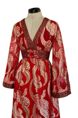 Spectacular 1970s Bill Blass Red Organza & Gold Metallic Applique Dress