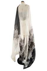 Spring 2000 Hanae Mori Haute Couture Forest & Butterfly Print Silk Chiffon Dress & Silk Huge Scarf