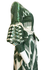 2018 Zazi Handmade Vintage Green & Ivory Cotton Ikat Caftan Dress