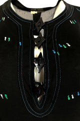 1970s Jean Muir Printed Jersey Dress w Incredible Art Deco Buttons