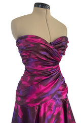 1980s Loris Azzaro Couture Strapless Deep Pink & Purple Printed Silk Mini Dress w Flare Skirt