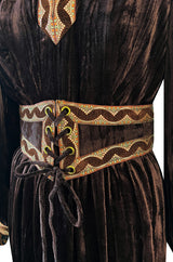 Late 1960s Oscar de la Renta Deep Brown Flat Velvet & Brocade Dress w Slit Sleeves & Lace Belt