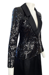 Documented Fall 1992 Yves Saint Laurent Black Sequin 'Le Smoking' Jacket & Silk Maxi Skirt Set