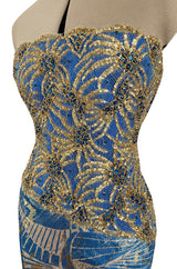 1980s James Galanos Gold Lame Blue Dress w Heavily Sequinned & Jewelled Strapless Bodice