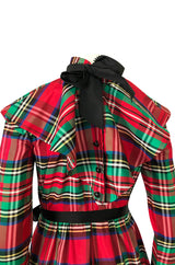 Early 1970s Geoffrey Beene Boutique Red Plaid Holiday Silk Taffeta Dress